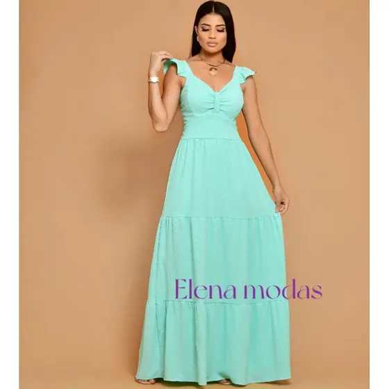 Vestido Longo luxo franzido com babada na manga 9314