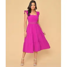 Vestido midi luxo duna lisa com babada na manga e renda na cintura 30014