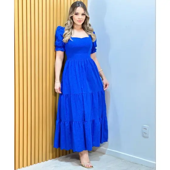 vestido longo elegante luxo lese bordado manga curta 0771
