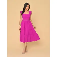 Vestido midi luxo duna lisa com babada na manga e renda na cintura 0014