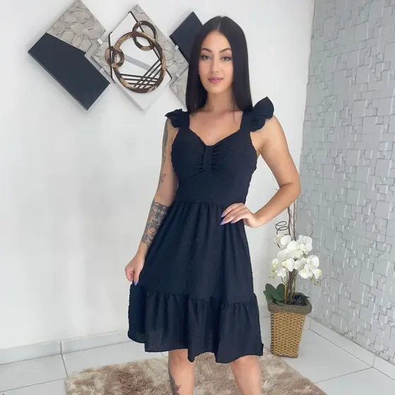 Vestido midi Luxo franzido com babada na manga 0332