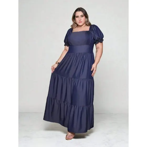 vestido longo luxo chambray imitação  jeans manga curto