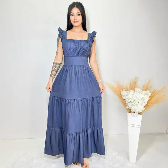 vestido longo luxo chambray parecido jeans com babada na manga 1015