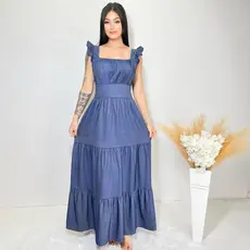 vestido longo luxo chambray parecido jeans com babada na manga 1015