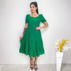 vestido midi lese bordado elegante manga curta 0980