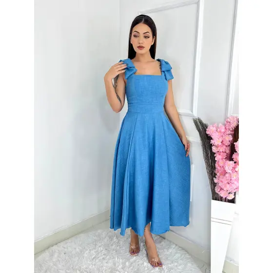Vestido midi Luxo liso duna linho com laço  na manga 0150