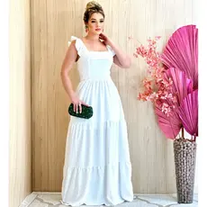 Vestido Longo luxo duna com babado na manga e renda na cintura 0305