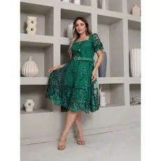 Vestido curto luxo Tule com cinto bordado Forrado  manga curto