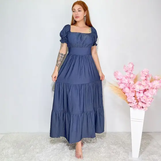 vestido longo luxo chambray imitação jeans manga curto 1147
