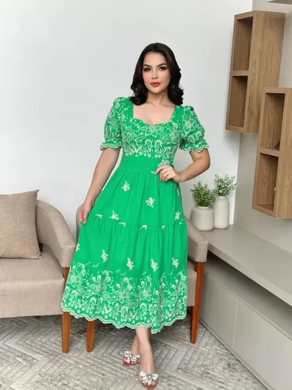 vestido midi luxo lese algodão bordado manga curto 3119