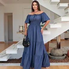 Vestido longo luxo chambray imitação jeans  manga curto ombro ombro 0278