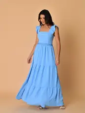 Vestido longo luxo duna lisa com babado na manga e renda na cintura 1943