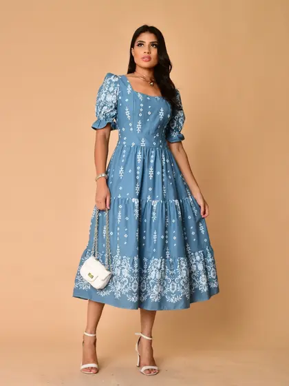 Vestido midi luxo tricôline algodão estampado manga curto 1091