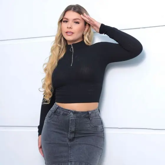 Blusa Feminina Cropped Canelado Manga Longa com Ziper Tecido Premium