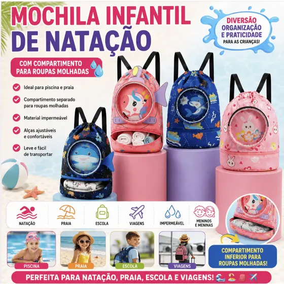 Mochila Infantil de Natação Impermeável Para Praia Piscina Escola Viagem Menino E Menina