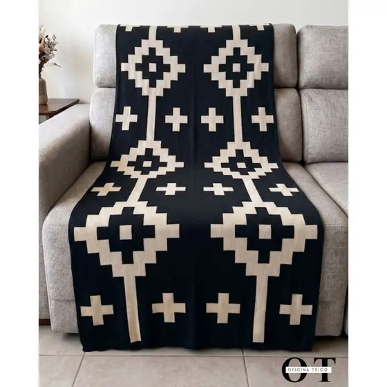 Manta Decorativa Tricot Para Sofá, Cama ou Poltrona Elegante Estampa Geométrica Tricô Faixa Pampa