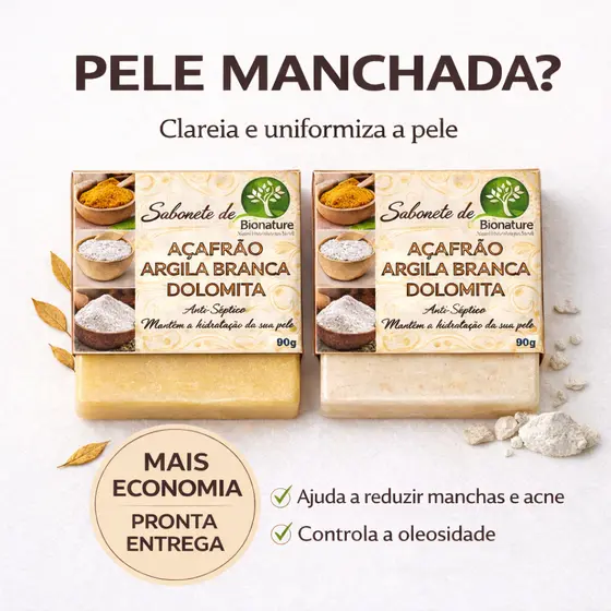 Kit 2 Sabonetes Naturais Açafrão Argila Branca e Dolomita Bionature Clareador Antiacne Foliculite Depilatorio