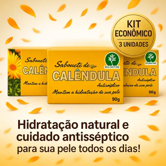 Kit 3 Sabonetes de Calêndula 90g – Dermatite, Acne, Ressecamento e Irritações Alergias Clareamento