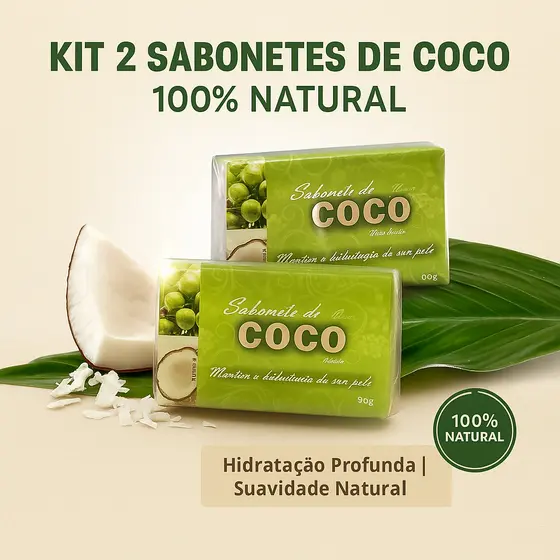 Kit 2 sabonetes de coco 100% natural, hidratante e suave para a pele, fragrância fresca e pura.
