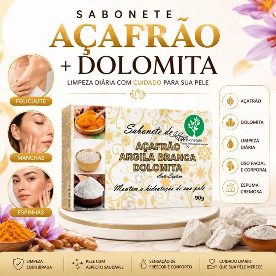 1 Sabonete de Açafrão, Argila Branca e Dolomita Bionature – Auxilia na limpeza da pele equilibra a oleosidade