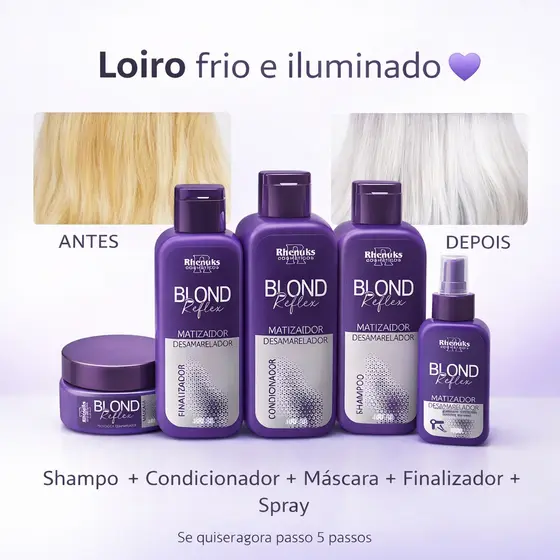 kit 5 itens matizador cabelos loiros - shampoo condicionador mascara creme de pentear spray termico