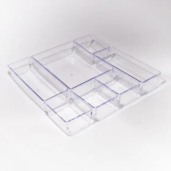 Kit com 7 Organizadores Acrílico Cristal Modular Para Geladeiras Gavetas e Maquiagens