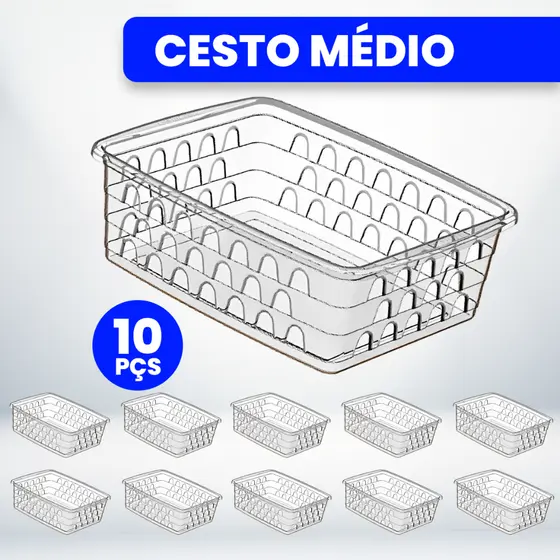 Kit com 10 Cestos Organizadores Multiuso Transparente 20x15,5x6,5 Médio