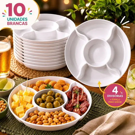 Kit 10 Petisqueiras 4 Divisórias Plástico Livre de BPA Branca