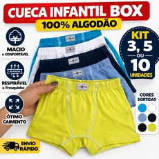 Kit Cueca Box Boxer Infantil Menino Criança 100% Algodão Conforto Premium Cores Sortidas