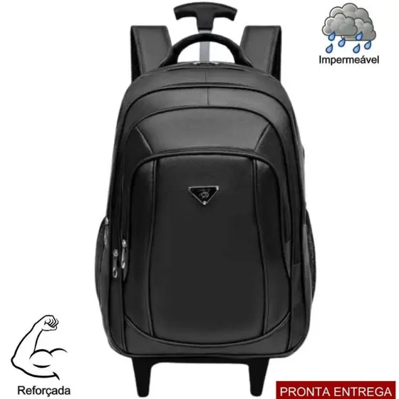 Mochila Couro de Rodinhas Impermeável Unissex Trabalho e Faculdade Preta