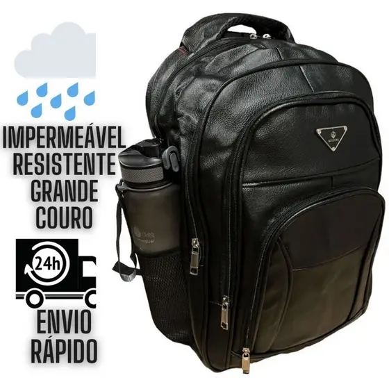 Mochila De Couro Grande Média Impermeável Trabalho Faculdade Preta