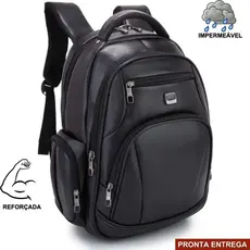 Mochila de Couro Preta Grande Média Notebook Escolar Masculina/Feminina