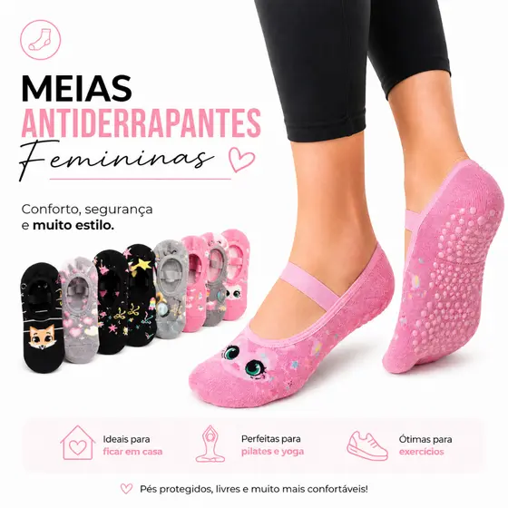 Kit Meias Sapatilha Antiderrapante Feminina Pilates Yoga Lisa Estampada com antiderrapante silicone