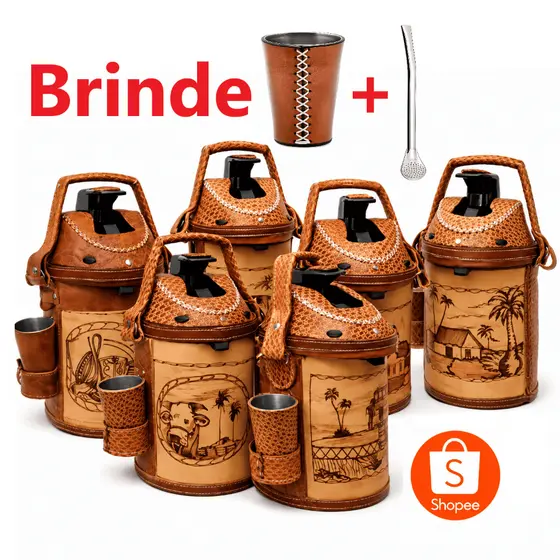 Garrafa Térmica Inox 2,5L Revestida em Couro + brinde copo e bomba