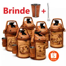 Garrafa Térmica Inox 2,5L Revestida em Couro + brinde copo e bomba