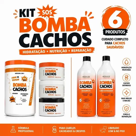 Kit Com 6 Bomba Cachos Perfeitos Shampoo Condicionador Máscaras e Creme