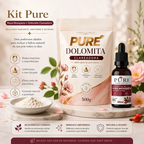 Kit Dolomita Clareadora + Oleo de Rosa Mosqueta -  Clareia Manchas, Antiestrias, Anticelulite - Envio Imediato