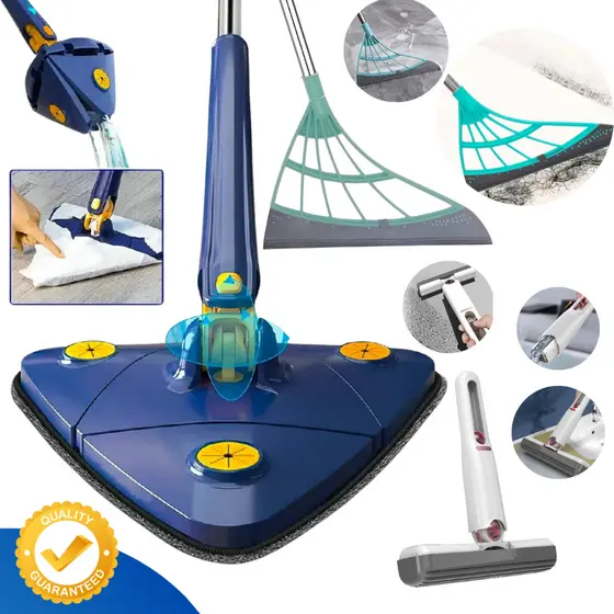 Mop Limpeza Esfregão Giratório Chão Vidros Teto + Rodo Silicone Vassoura Mágica + Mini MOP Rodinho