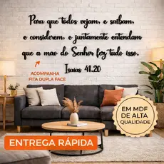 Frase Versículo Isaías 41:20 MDF Preto Decorativo de Parede 93x43cm quadro Moldura Motivacional Cristã com Dupla
