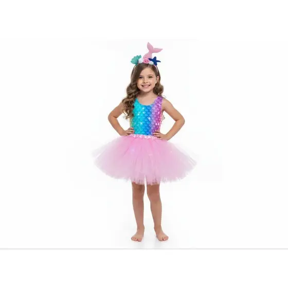 fantasia infantil sereia kit 3pçs tiara saia tule com led  azul rosa Carnaval festa colan  a fantasia.