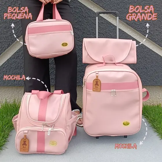 Kit Bolsa Maternidade 4 Peças l Mala, Mochila Luxo l Mala de Rodinha Com Faixa e Laço