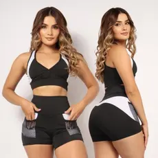 Conjunto short + top academia alta compressão Cintura Alta e Modeladora com Bolso Caminhada Esportes