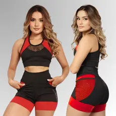 Conjunto Fitness Feminino Short e Top com Bolso em Tela Academia Moda Fitness Cintura Alta Confortável