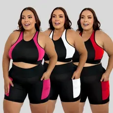 Conjunto Plus Size Moda Fitness Short + Top Feminino Cintura Alta Compressão Suplex Premium Academia