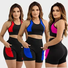 Conjunto Short e Top Nadador Moda Fitness Feminina Com Bolso Cintura Alta Compreensão Academia Pilates