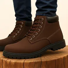Bota Masculina em Couro Legitimo Cano Medio Sola Tratorada Moda Casual Basica Confortável + Carteira