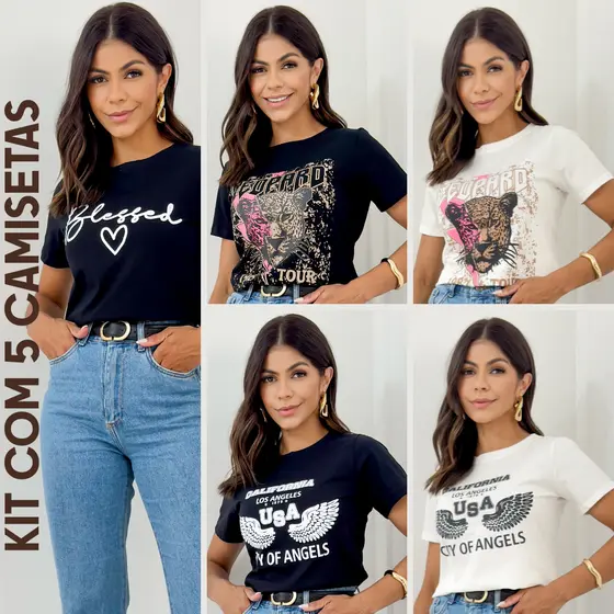 Kit 05 Camisetas Feminina Blusinha Estampada Confortável Leve Algodão Moda Verão Trabalho T-Shirt