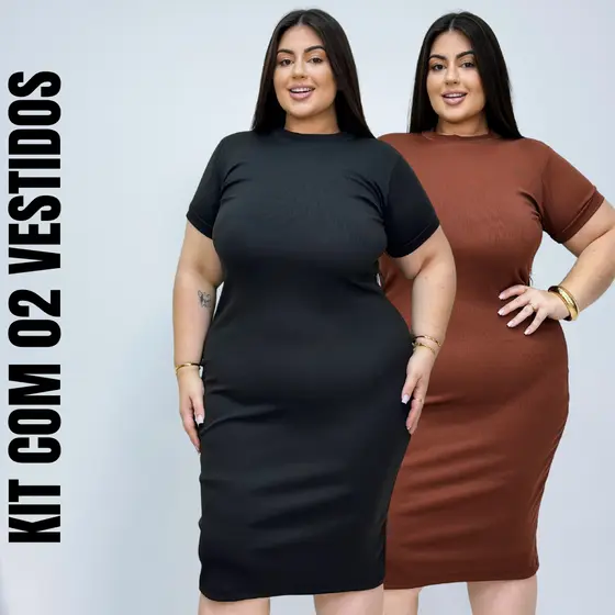 Kit 02 Vestidos Plus Size Midi Canelado Preto Marrom Nude Ribana Luxo Moda Verão e Inverno Premium