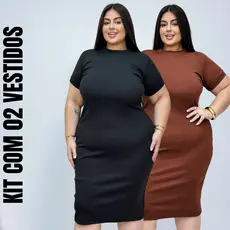 Kit 02 Vestidos Plus Size Midi Canelado Preto Marrom Nude Ribana Luxo Moda Verão e Inverno Premium