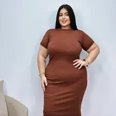 Vestido Plus Size Verão Midi Canelado Luxo Casual Ribana Preto Nude Marrom Premium Moda Tendência